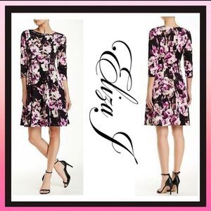 Eliza J. Jeweled Neck Watercolor Floral 3/4 length Sleeves Dress Size 6